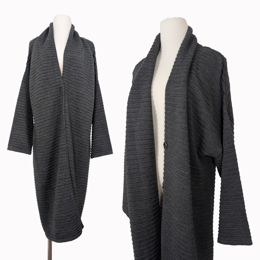 Luukaa Anthracite Wool Duster Long Cardigan Wide Sleeve Maxi Button Closure